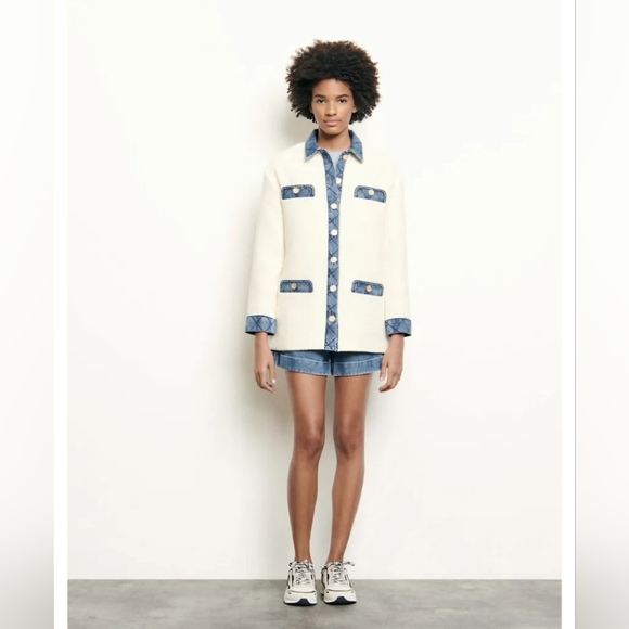 Sandro Ivory Tweed Jacket with Quilted Denim Inserts Size 38/US Size 6 - Picture 1 of 16